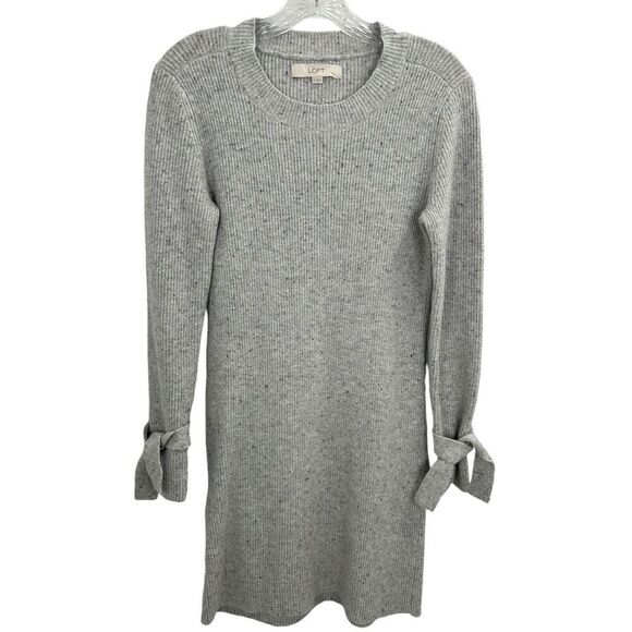 Loft Women's Size Small Confetti Knit Long Sleeve Sweater Dress Gray Tie Cuffs - Picture 1 of 12